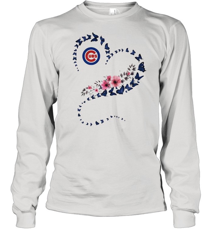 Chicago Cubs Era Heart Butterflies Blue Flowers Long Sleeved T-shirt