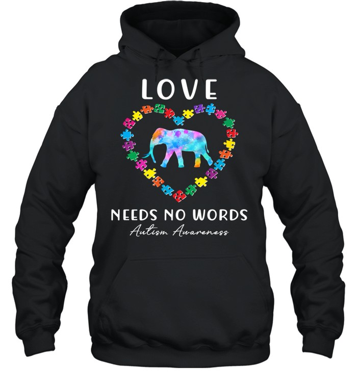 Autism Awareness Love Needs No Words Rainbow Puzzle Elephant Unisex Hoodie