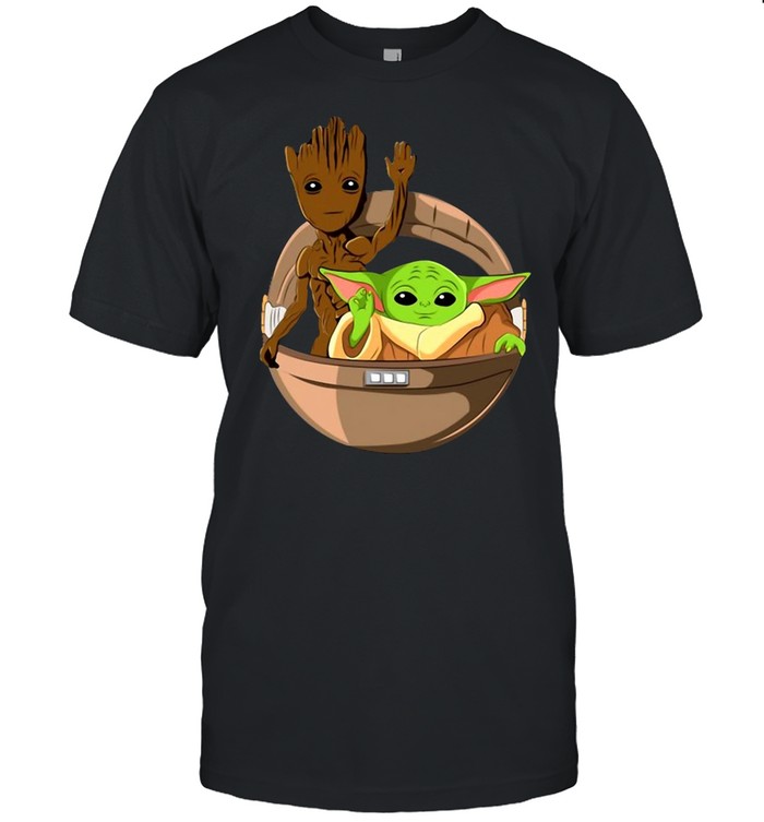 Cute Waving Baby Groot Baby Yoda In Hover Pram Gift Star Wars Guardians Of The Galaxy Shirt