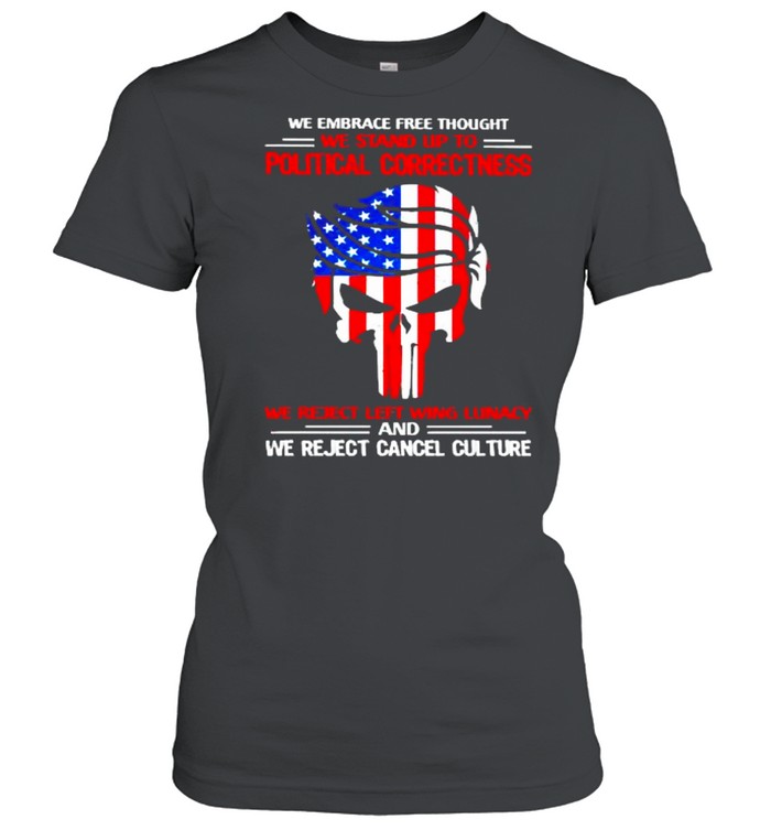 We embrace free thought we stand up to political correctness we reject left wing lunacy trump punisher usa flag shirt Classic Women's T-shirt