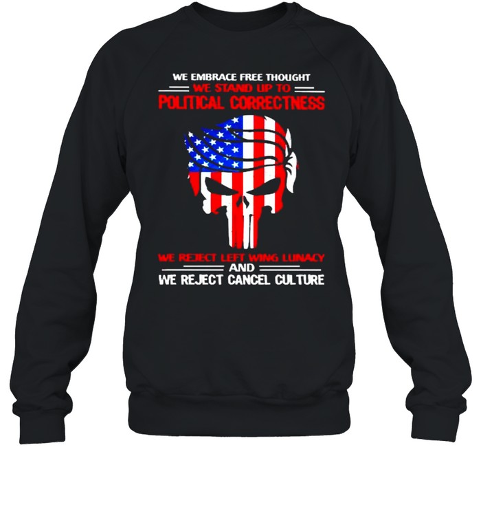 We embrace free thought we stand up to political correctness we reject left wing lunacy trump punisher usa flag shirt Unisex Sweatshirt