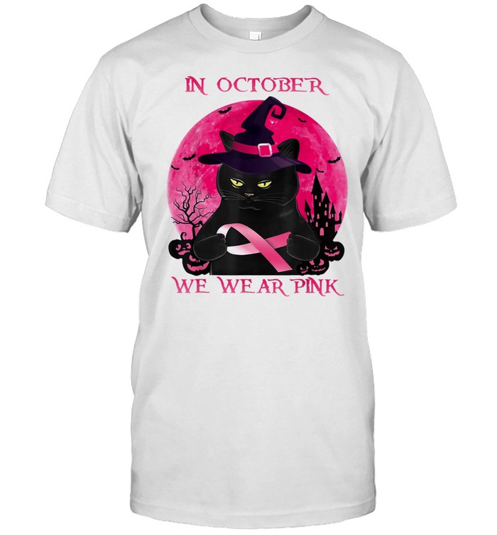 Black Cat In October We Wear Pink Halloween Breast Cancer Awareness shirt Classic Men's T-shirt