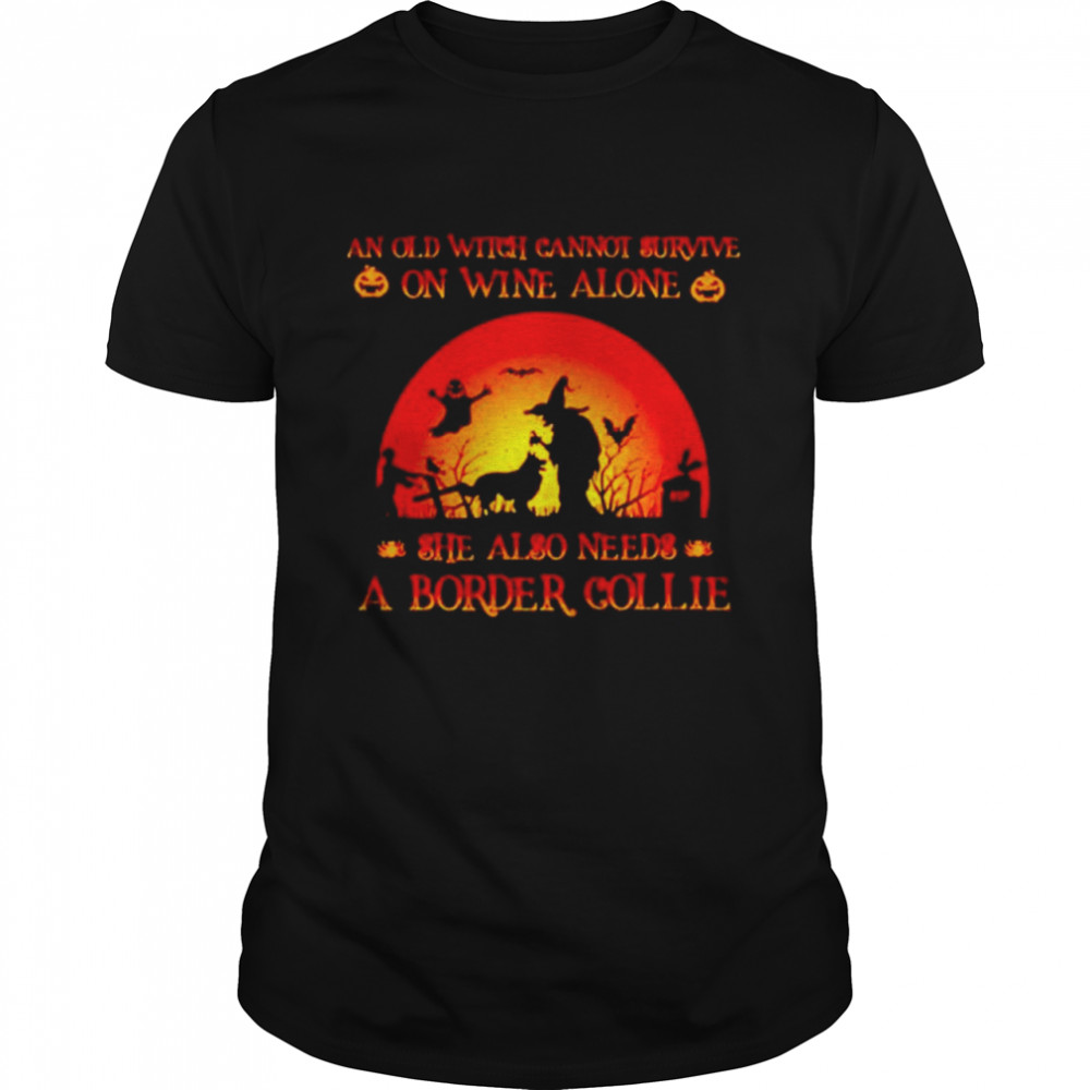 An old witch cannot survive on wine alone she also needs a border collie Halloween shirt Classic Men's T-shirt