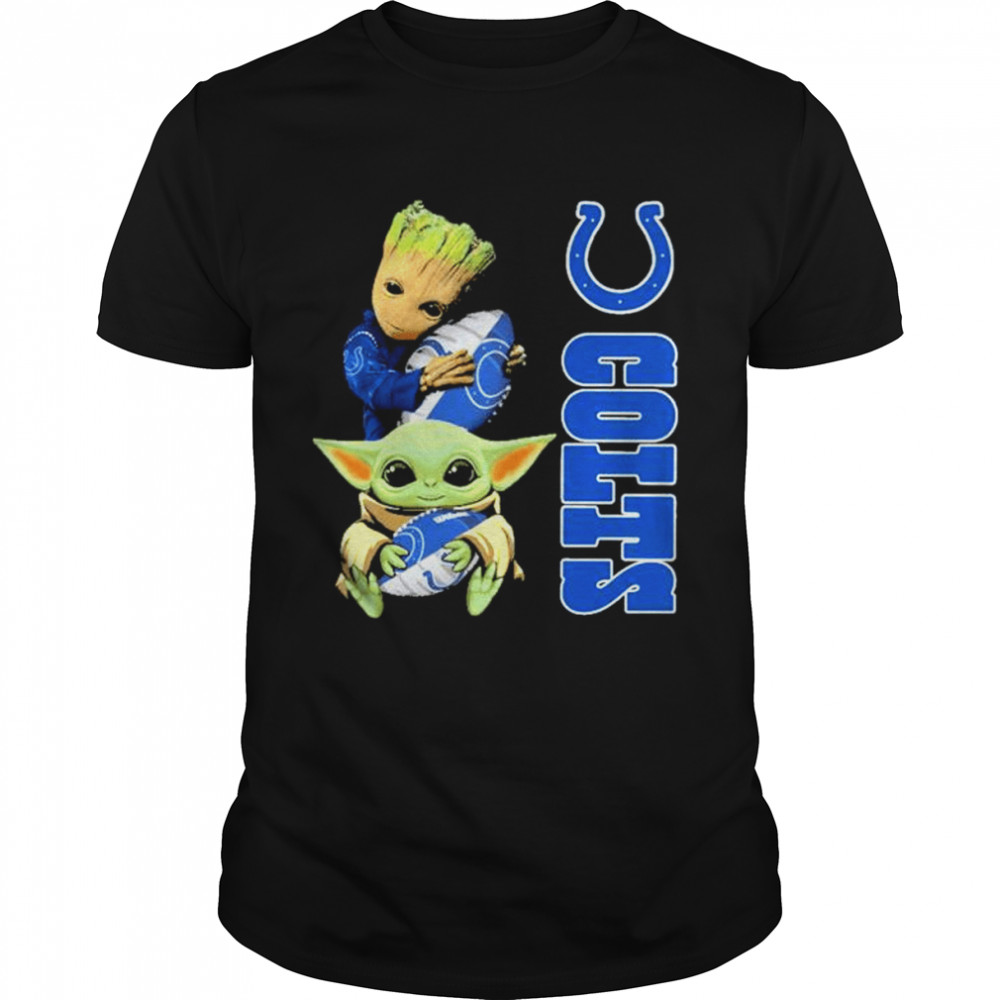 Baby Yoda and Baby Groot hug Indianapolis Colts shirts