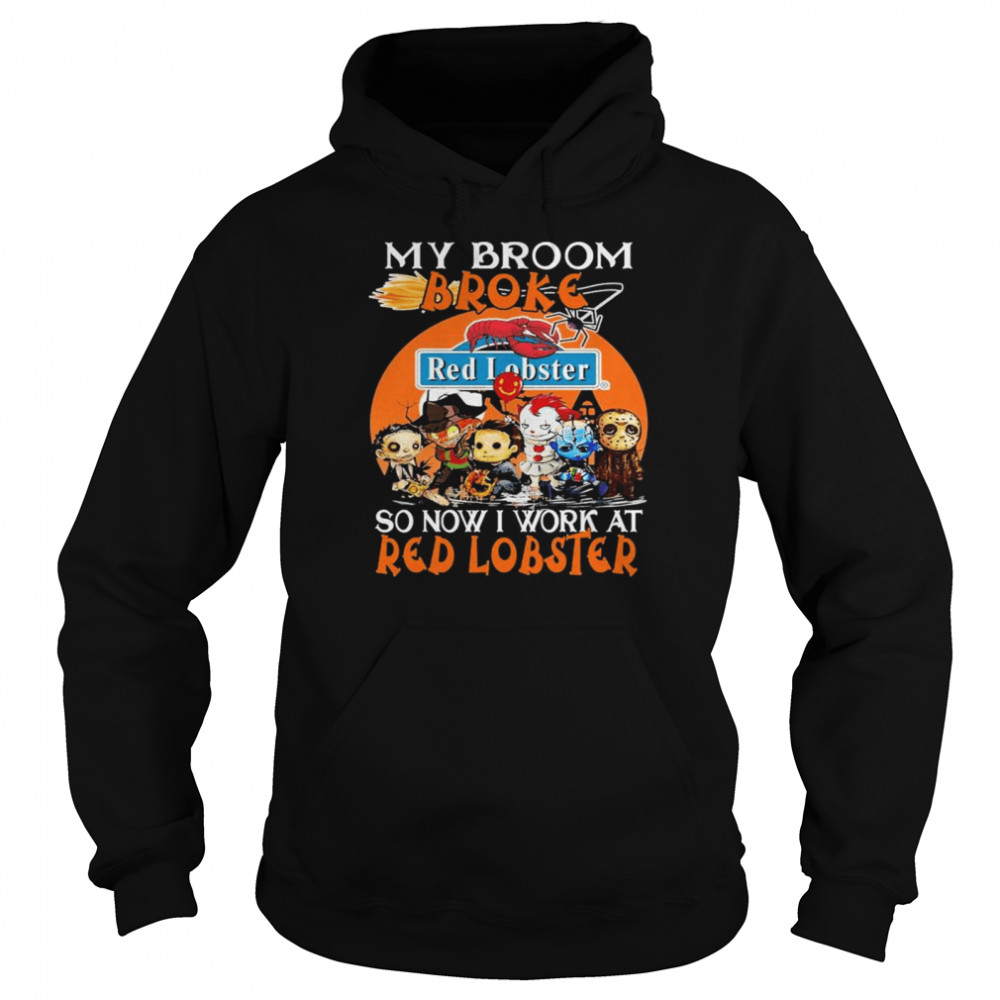 Horror movie character chibi my broom broke so now i work at Red Lobster halloween shirt Unisex Hoodie
