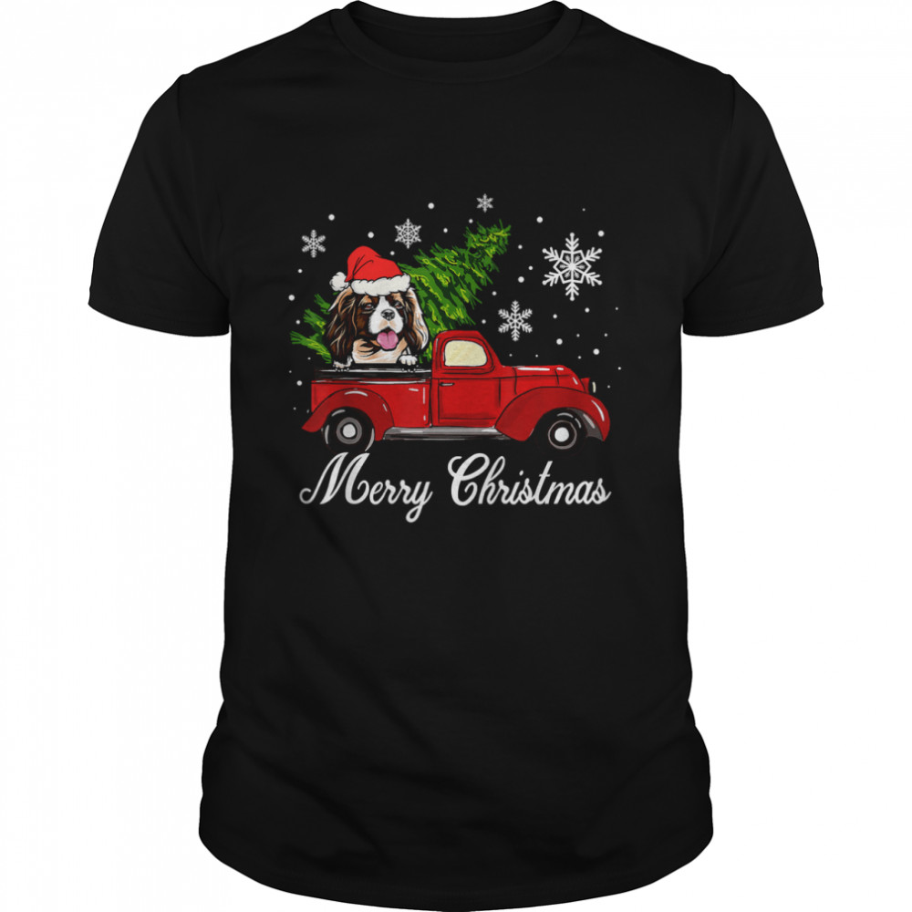 Cavalier King Charles Spaniel Dog Riding Red Truck Christmas T-Shirt