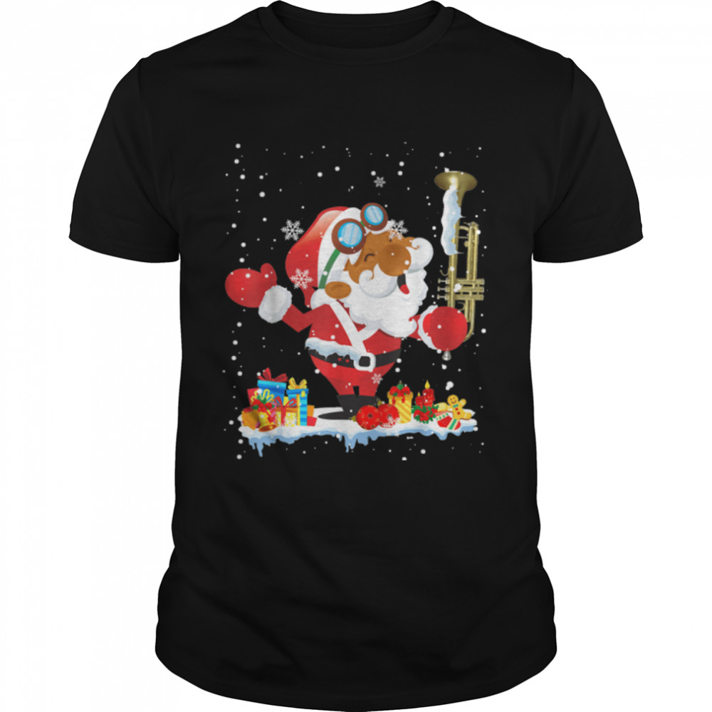 Afro Santa Playing Trumpet Xmas Musical Instruments Santa T-Shirt B09JZN3VNNs