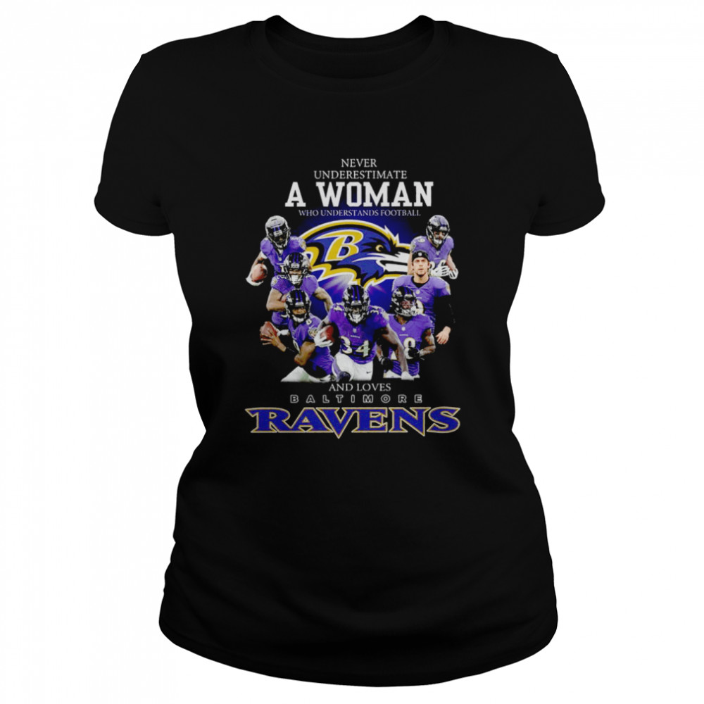 Official 2021 Never underestimate a Woman who understands football and loves Baltimore Ravens shirt Classic Women's T-shirt