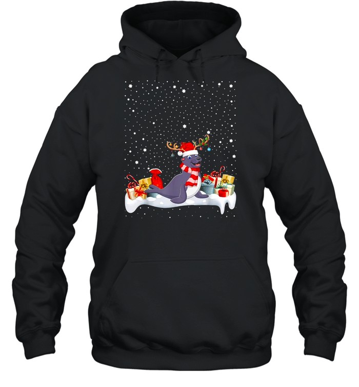 Xmas Lighting Reindeer Santa Hat Seal Christmas T-shirt Unisex Hoodie