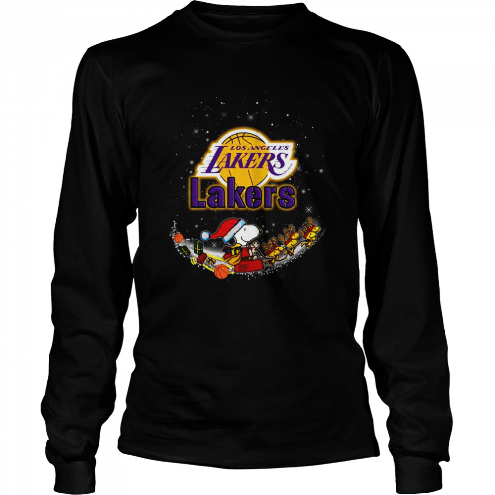 Santa Snoopy and Woodstock Los Angeles Lakers 2021 Christmas tshirt Long Sleeved T-shirt