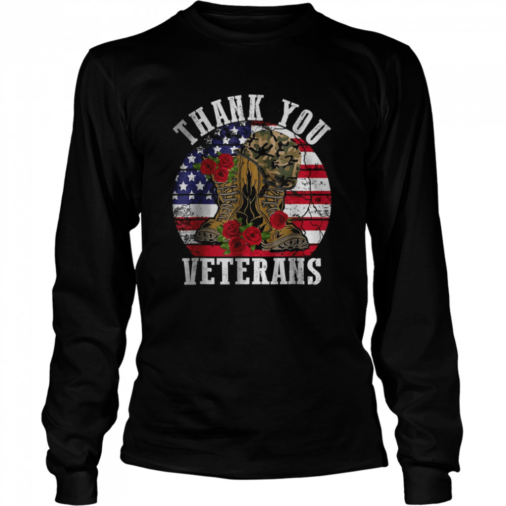 Vintage Thank You Veterans Combat Boots Flower Veterans Day T- Long Sleeved T-shirt