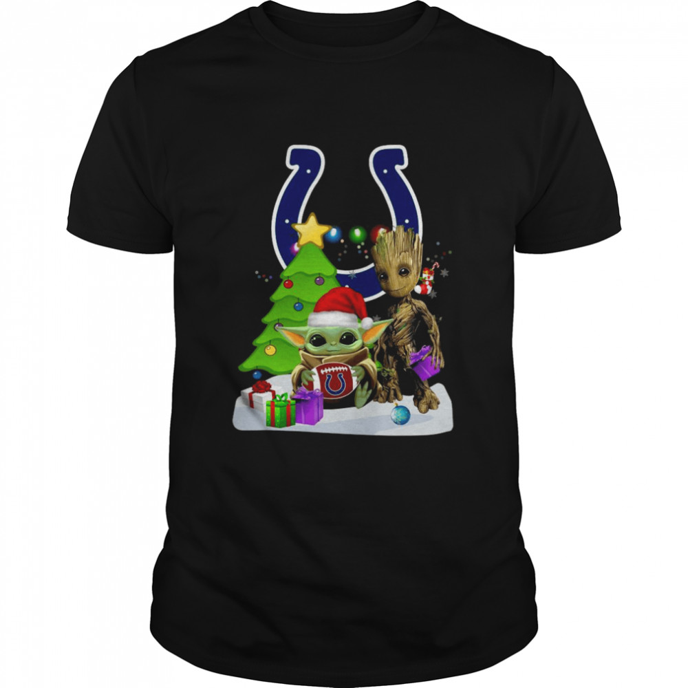 santa Bigfoot and Baby Yoda hug Indianapolis Colts Snow Christmas Tree shirts