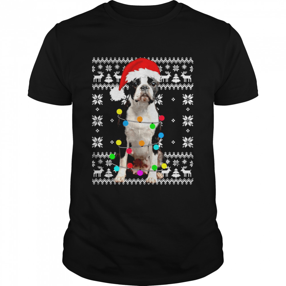 Boston Terrier Lights Ugly Puppy Santa Hat Weihnachten Shirts