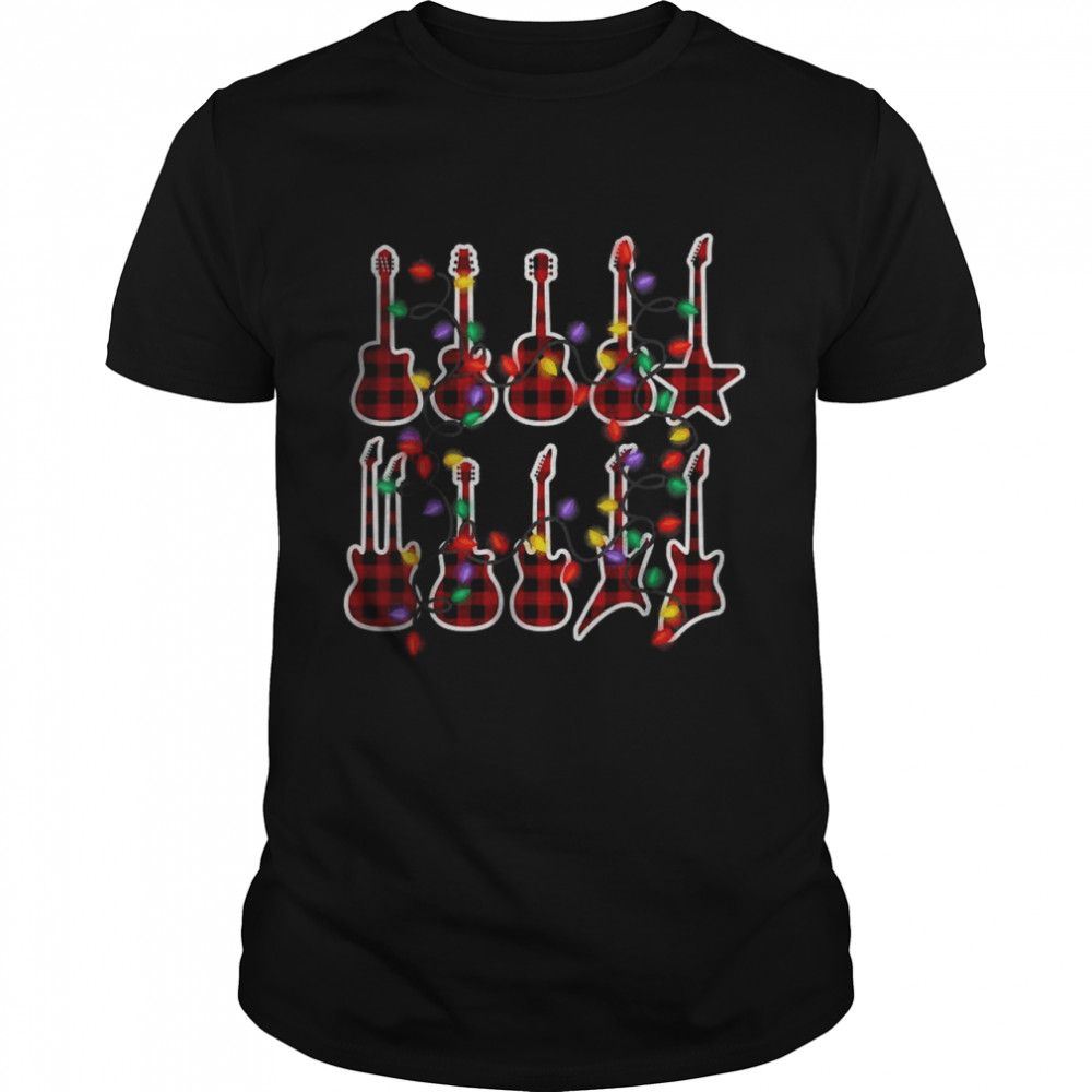 Red Plaid Guitar Christmas Pajamas Guitarist Xmas Lights T-Shirts