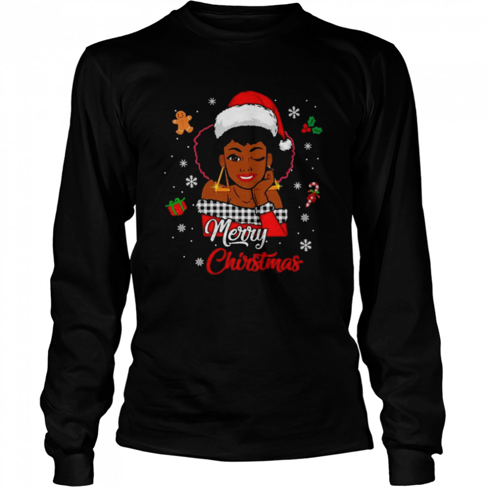 Black African Girl American Melanin Christmas Santa Hat Xmas shirt Long Sleeved T-shirt