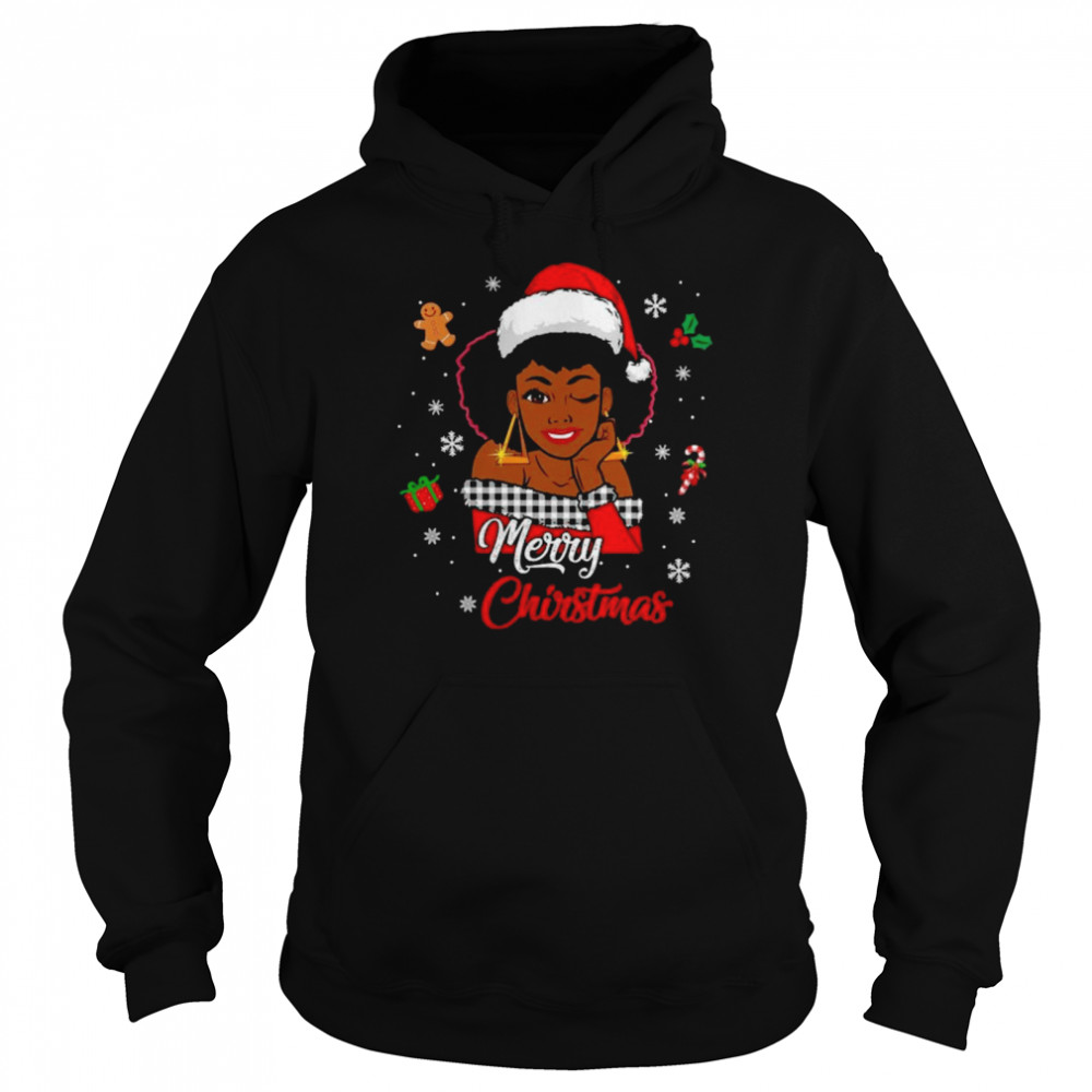 Black African Girl American Melanin Christmas Santa Hat Xmas shirt Unisex Hoodie