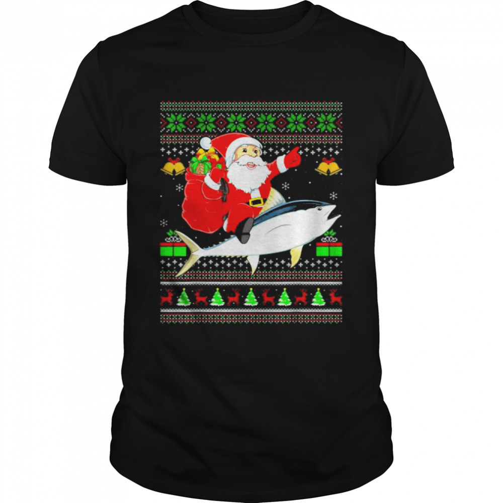 Ugly Xmas Santa Claus Riding Tuna Fish Christmas T-Shirt