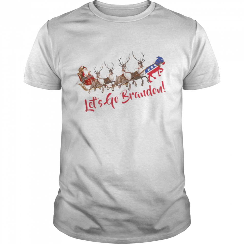 Santa Claus riding on sleigh with Democrat let’s go Brandon shirt