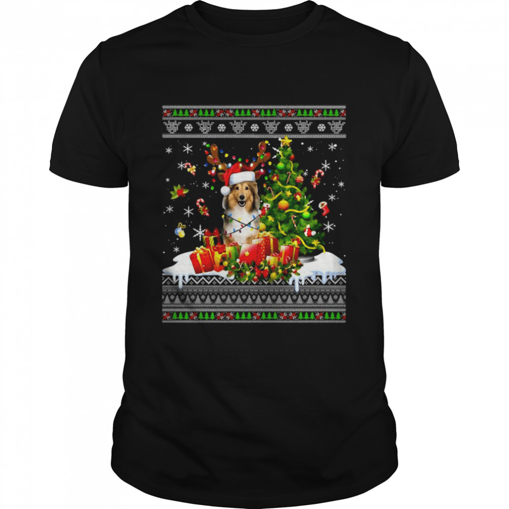 Christmas Lights Sheltie Dog Funny Xmas Ugly Sweater Shirt