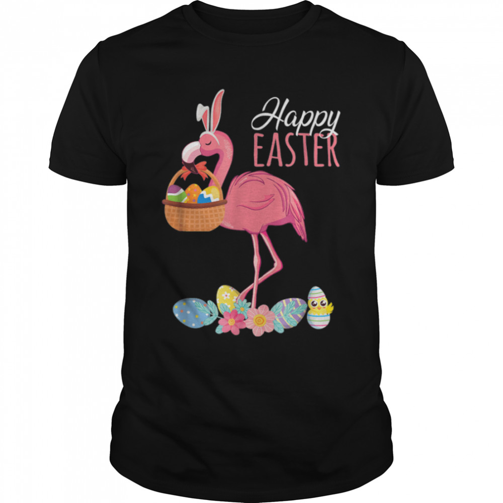 Easter Day Flamingo With Easter Egg Basket Hunting T-Shirt B09W67BFNKs