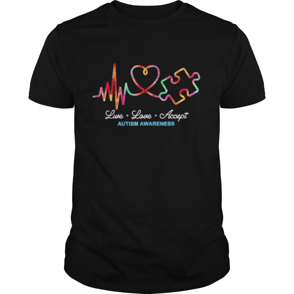 Live Love Accept Autism Awareness Tie Dye Autism Heartbeat T-Shirt