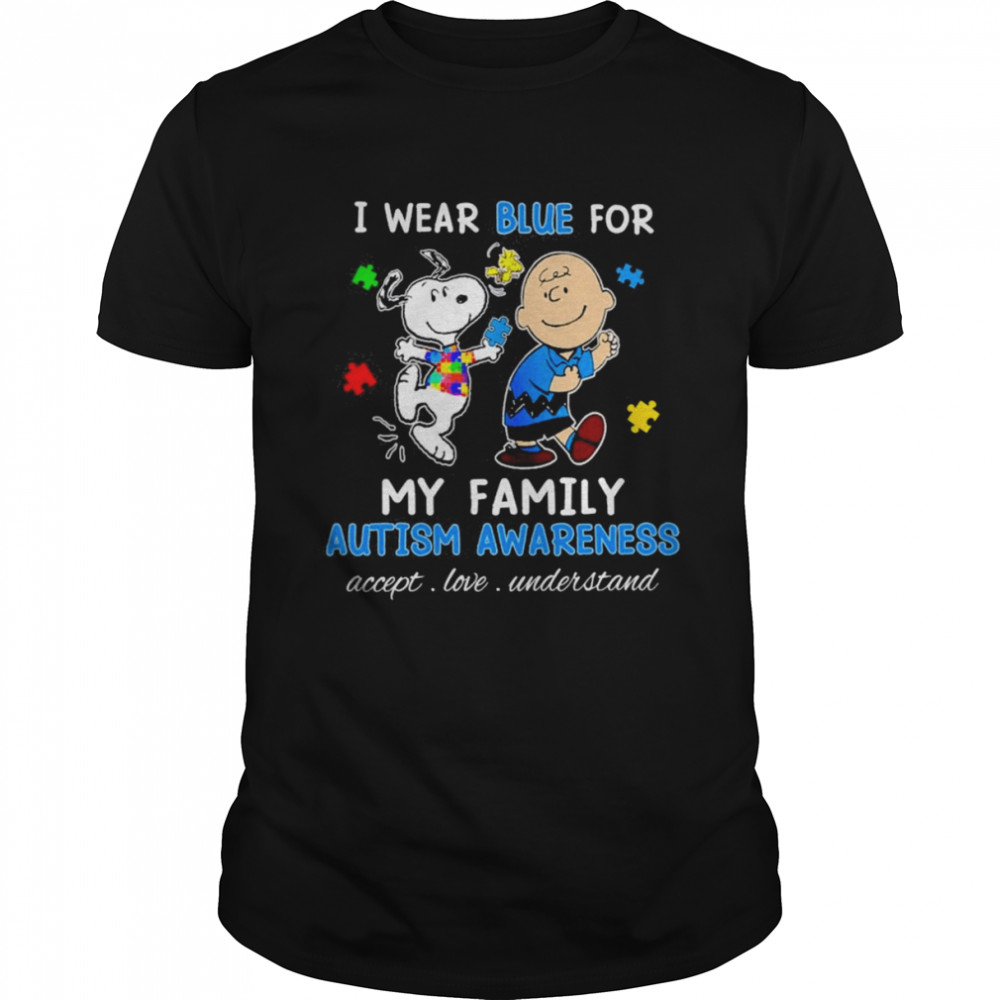 Snoopy Woodstock And Charlie Brown I Wear Blue For My Family Autism Awareness Accept Love Understand  Classic Men's T-shirt