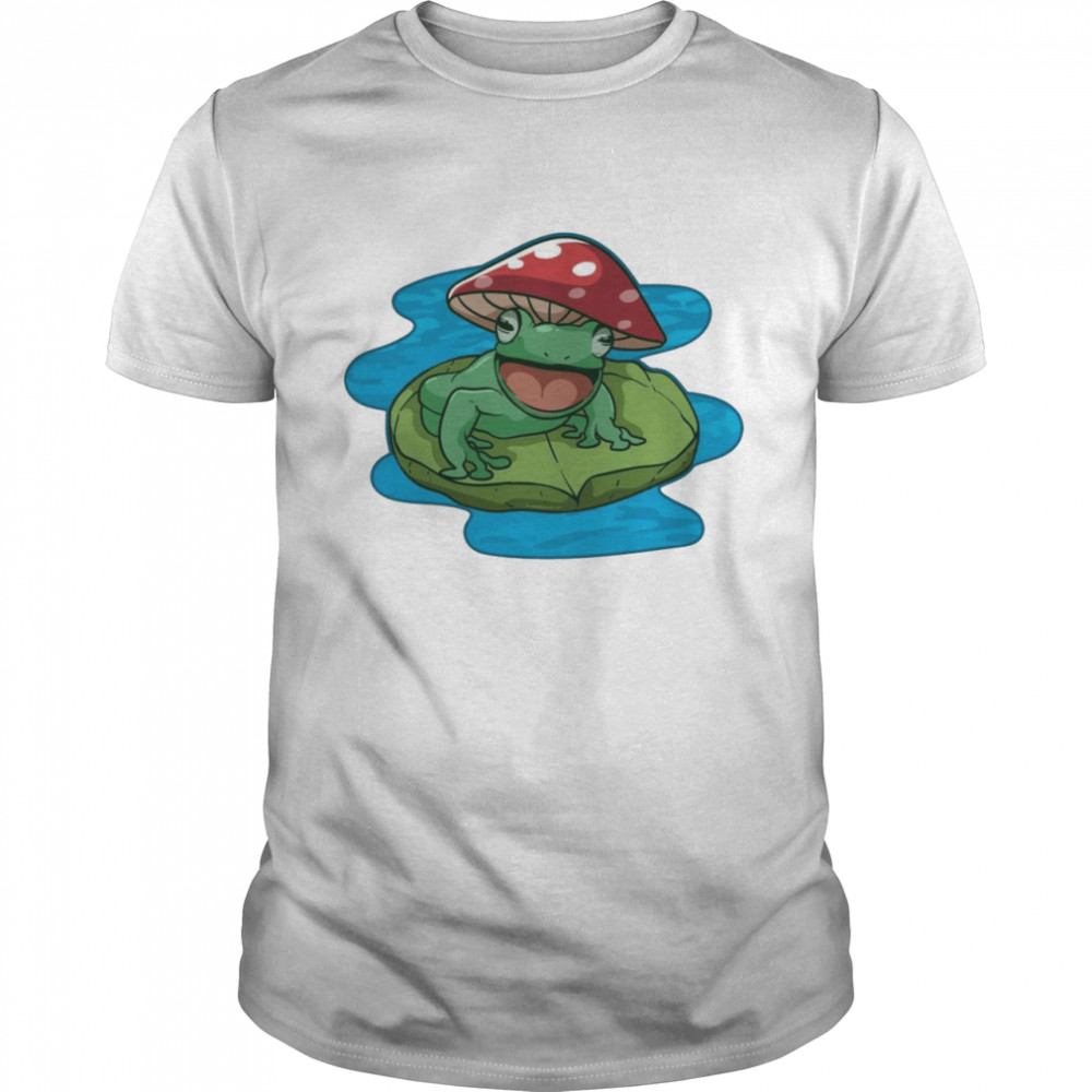 Happy Frog Sitting On A Water Lily Pad With Mushroom Hat  Classic Men's T-shirt