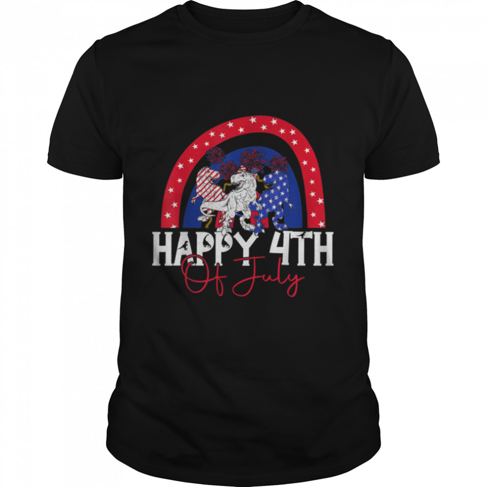 Happy 4th Of July Dinosaur T Rex Lover Rainbow American Flag T-Shirt B0B1NW43LM