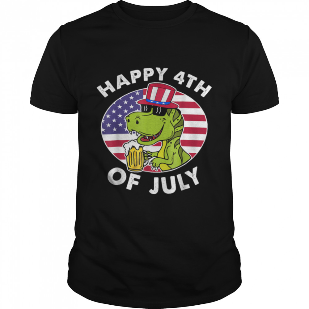 Happy 4th Of July T-Rex Dinosaur Drinking Beer USA Flag T-Shirt B0B2JV22X3