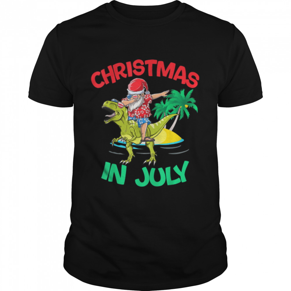 Kids Christmas In July Santa Dinosaurs T-Rex Summer Hawaiian T-Shirt B0B2JMNPGM