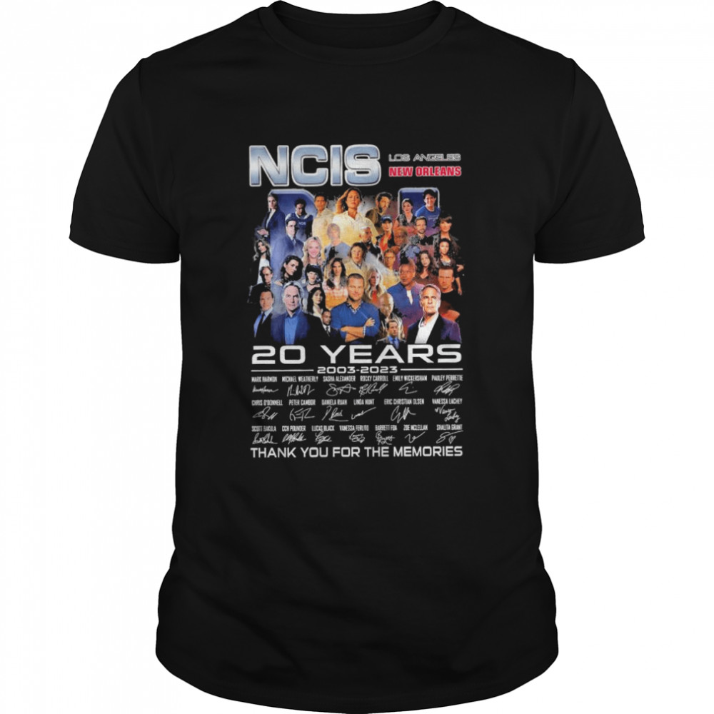The NCIS Los Angeles New Orleans 20 years 2003 2023 signatures thank you for the memories shirts
