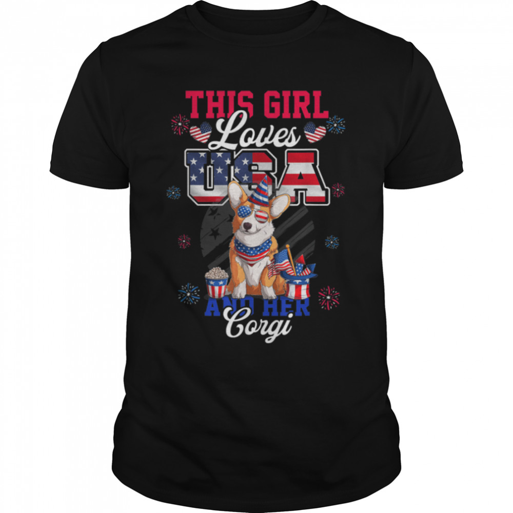 This Girl Loves USA And Her Corgi 4th Of July Red White Blue T-Shirt B0B4K1JZG3s