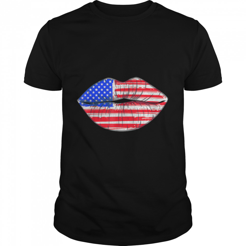 Summer Women 4th of July Lips American Flag Kiss Merica T-Shirt B0B35KDJWR
