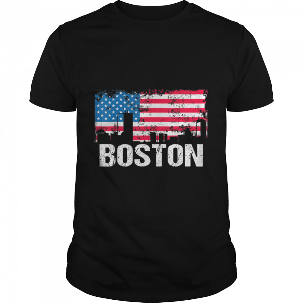 Vintages USs Flags Americans Citys Skylines Bostons Massachusettss T-Shirts B07V7Z4DNZs
