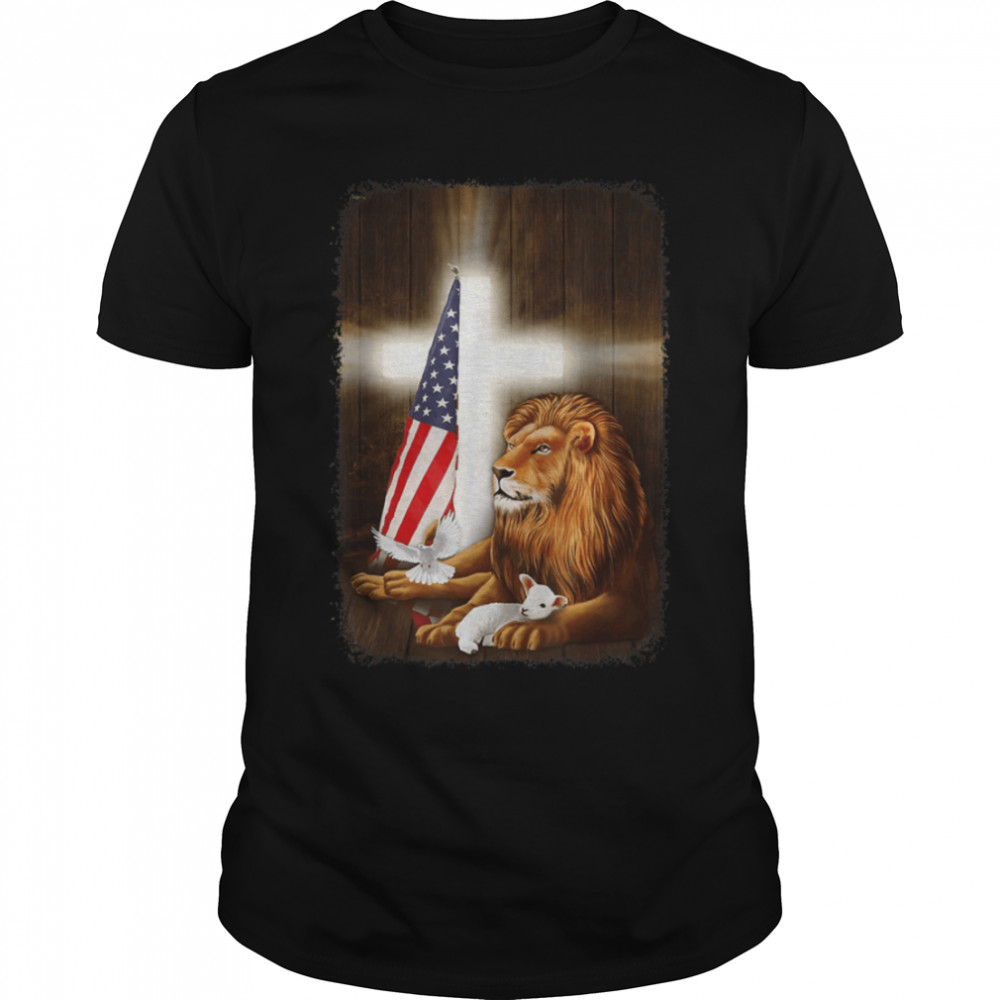 The Lion and The Lamb God Jesus Cross Christian American T-Shirt B09L19CDHV