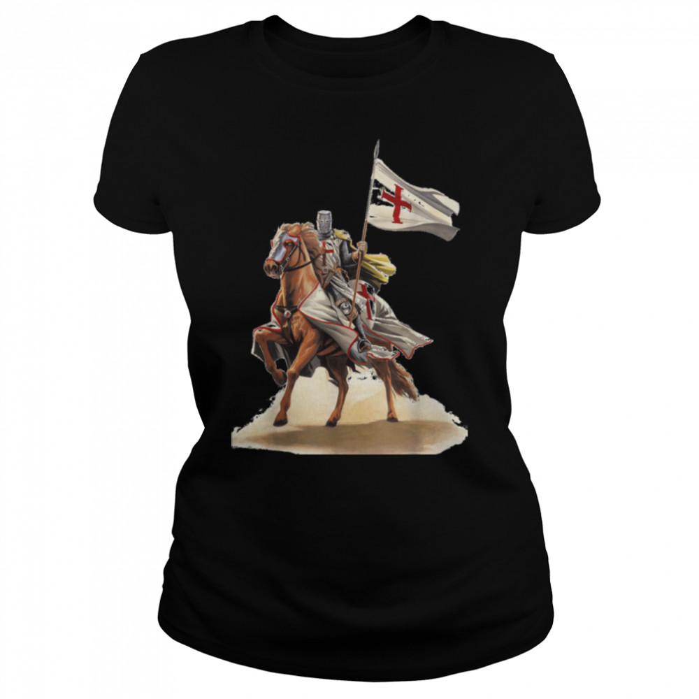 Knights Templar On a Horse Flag Deus Vult Crusader Warrior T- B09VQ289WF Classic Women's T-shirt