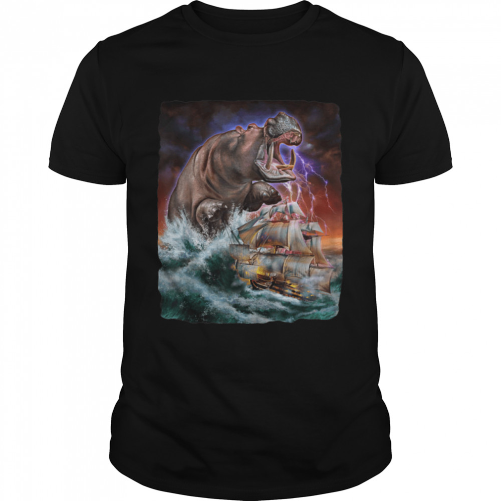 Monster Hippo as Kraken Attack a War Ship at High Seas T-Shirt B0B3551RJLs