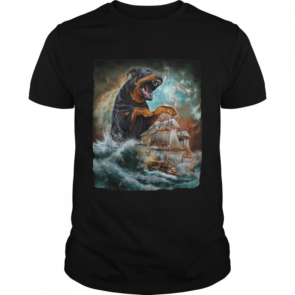 Rottweiler Dog as Kraken Attack a War Ship at High Seas T-Shirt B0B3BLKJD8s