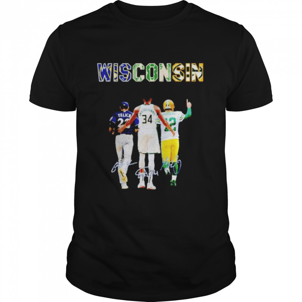 Wisconsin Sports Teams Christian Yelich Alex Antetokounmpo Aaron Rodgers signatures shirt