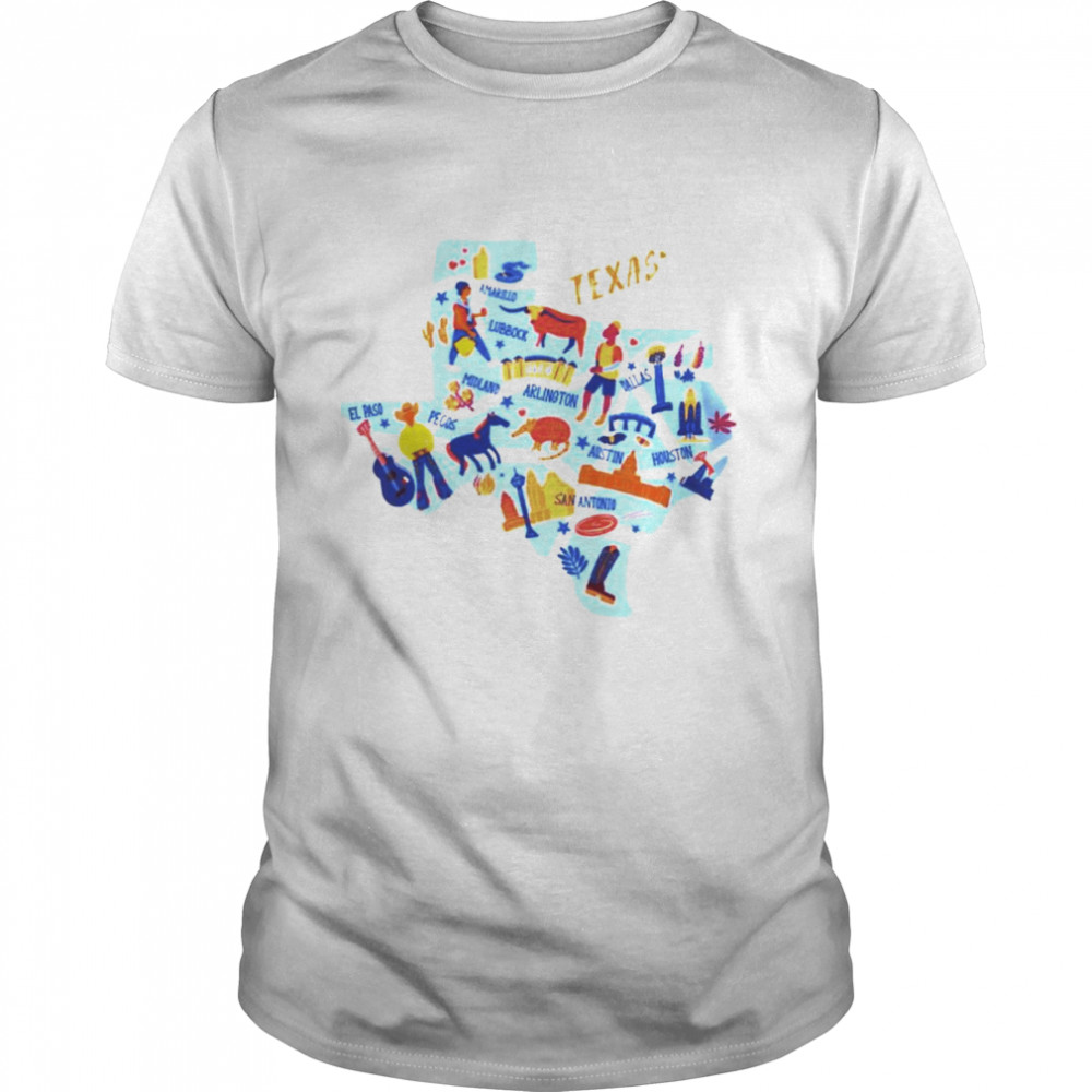 Texas map with landmarks icons set traditional symbols shirts