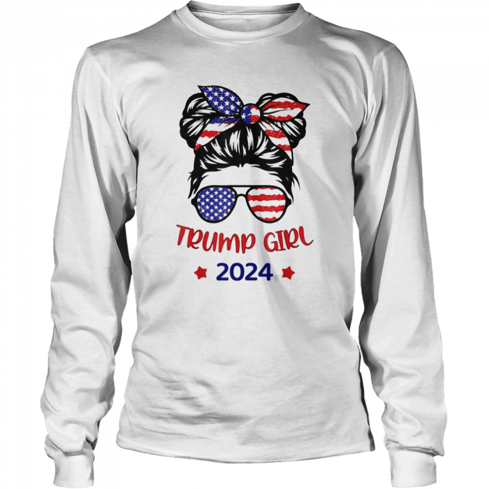 Trump Girl 2024 Messy Bun American Flag Take America Back Long Sleeved T-shirt