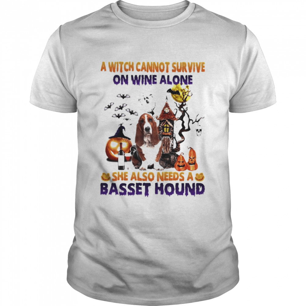 A Witch cannot survive on wine alone she also needs a Basset Hound Halloween shirts