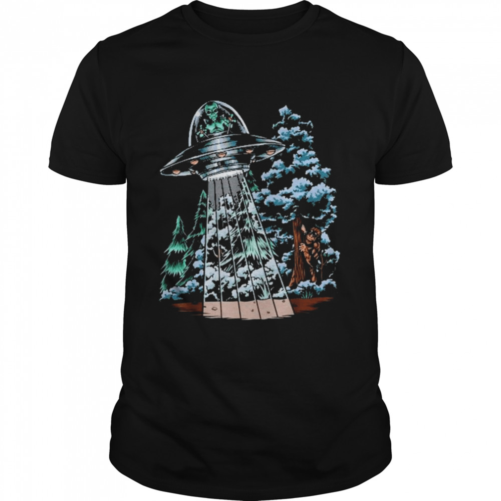Bigfoot Hiding From Alien In A UFO Behind A Tree Forest Shirt