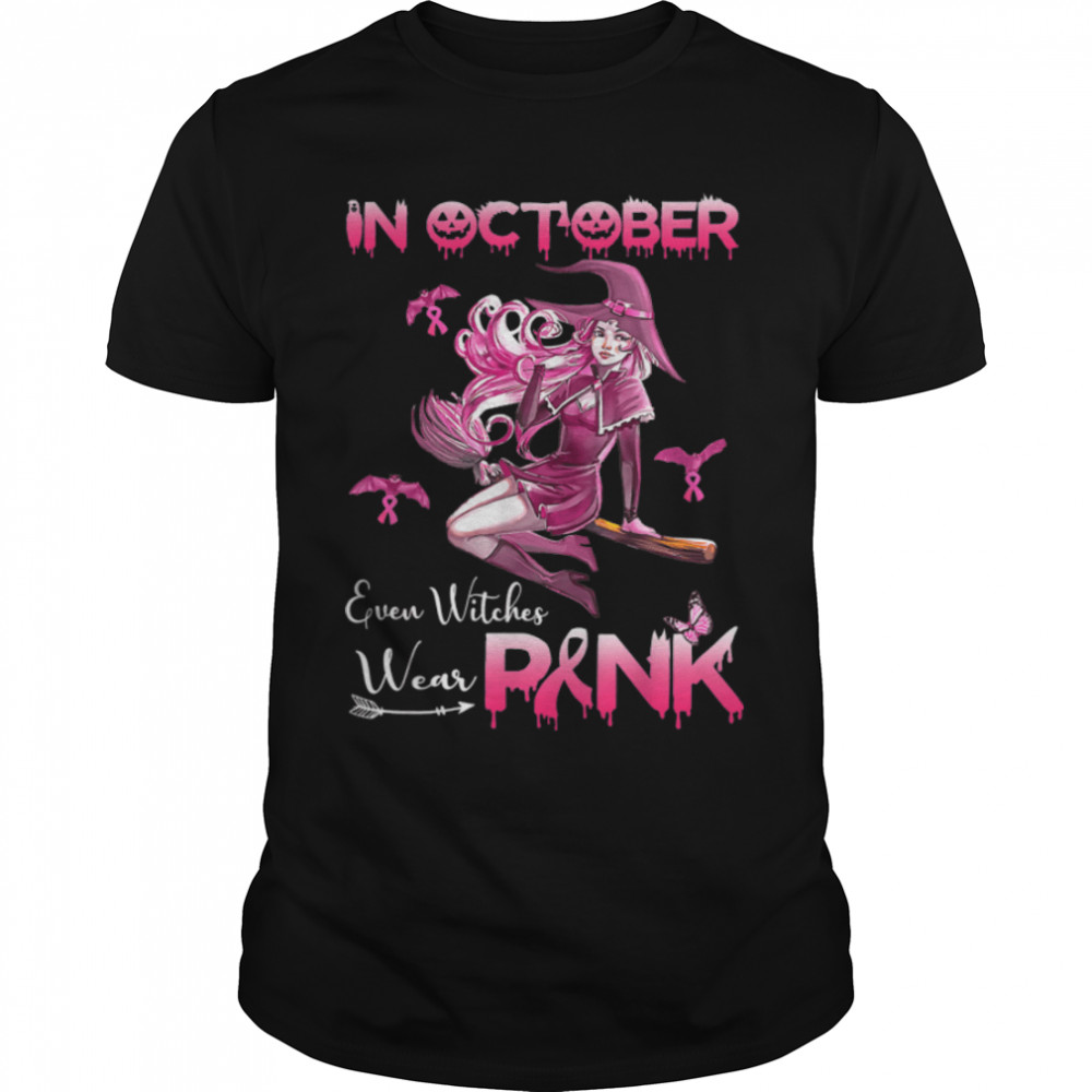 Witches In October We Wear Pink Autumn Fall Breast Cancer T-Shirt B0B7JN5JD6s
