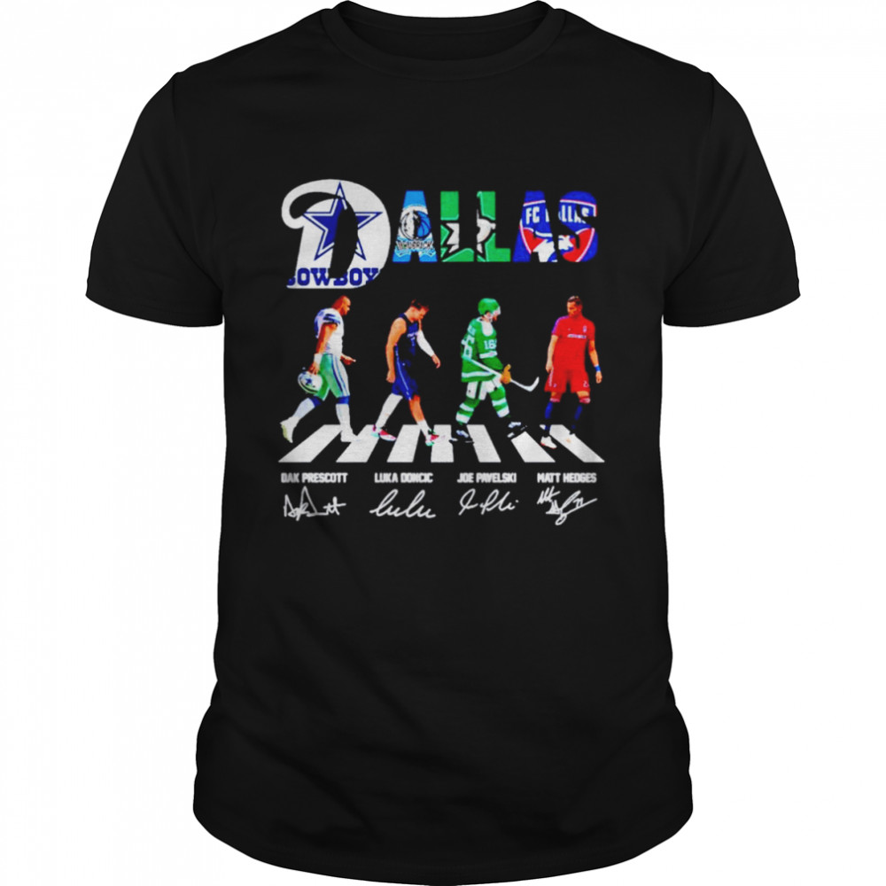 Dallas sports teams Dak Prescott Luka Doncic Joe Pavelski Matt Hedges signatures shirt