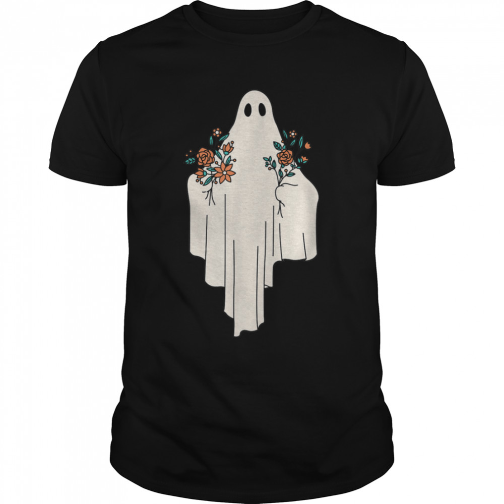 Cute Lonely Halloween Ghost with Flower Bouquet T- B0B9SVD9J9 Classic Men's T-shirt