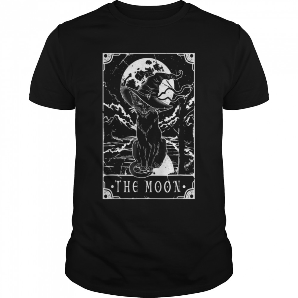 Tarot Card Crescent Moon And Black Cat Witch Hat Halloween T-Shirt B0B9SP456Ys