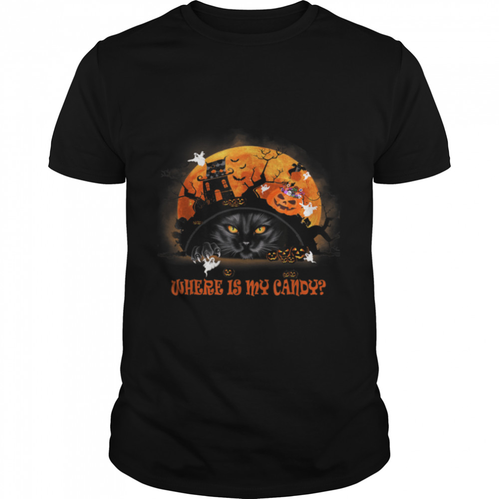 Witch Black Cat Moon Where Is My Candy Halloween T-Shirt B0B9SQV563s