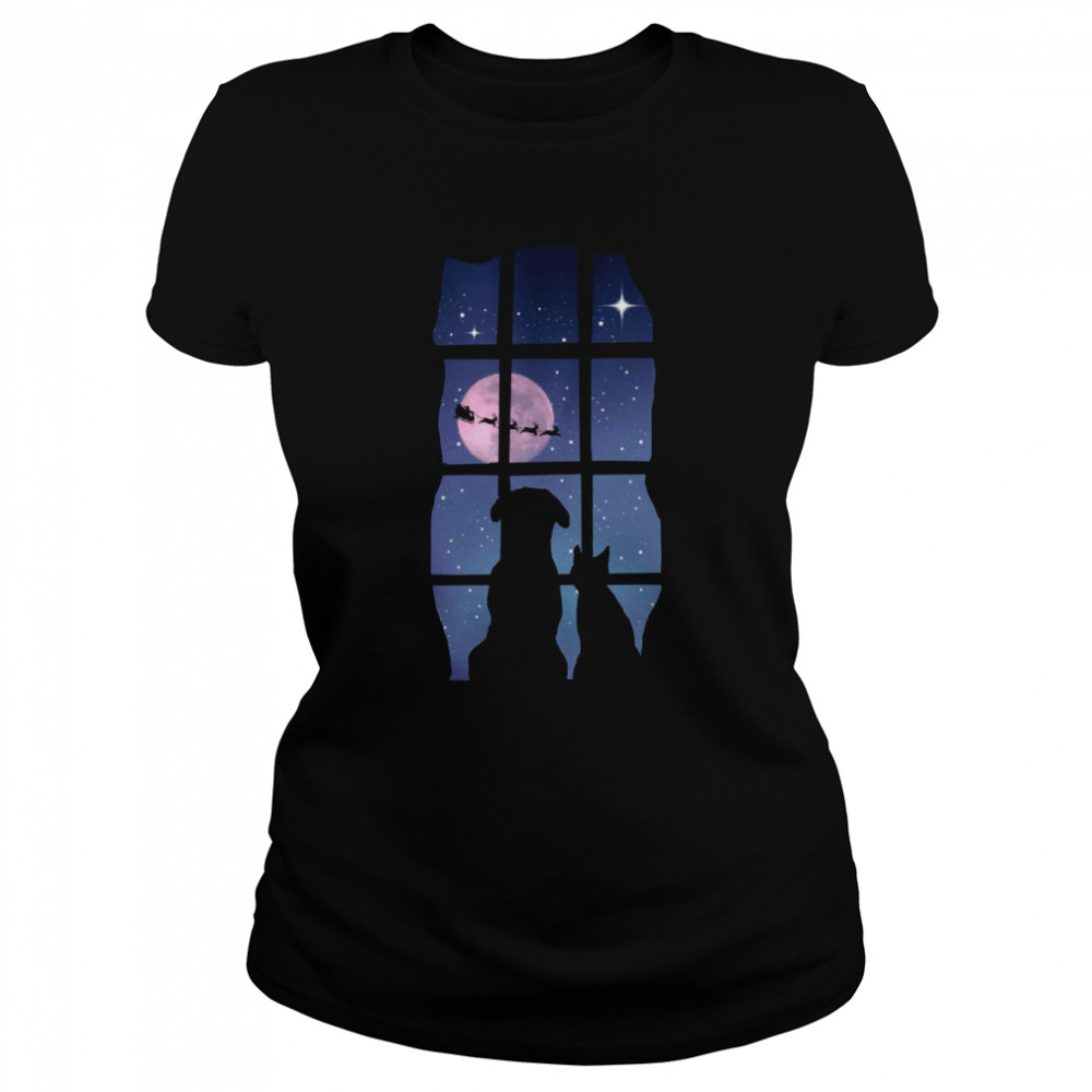 Holiday Cute Dog And Cat In Window Watching Santa Merry Christmas shirt Classic Women's T-shirt