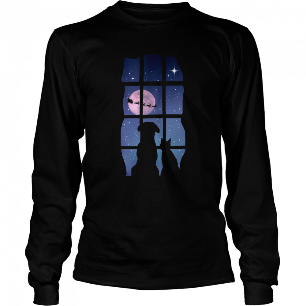 Holiday Cute Dog And Cat In Window Watching Santa Merry Christmas shirt Long Sleeved T-shirt